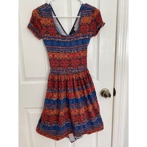 Tribal print blue red and orange midi dress